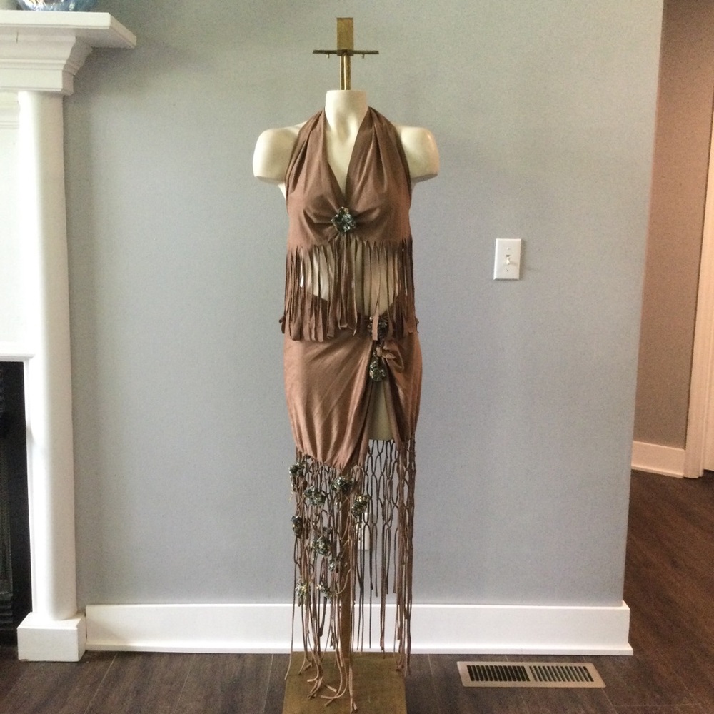 Brown Fringe Halter Top and Skirt Set Custom Made Small